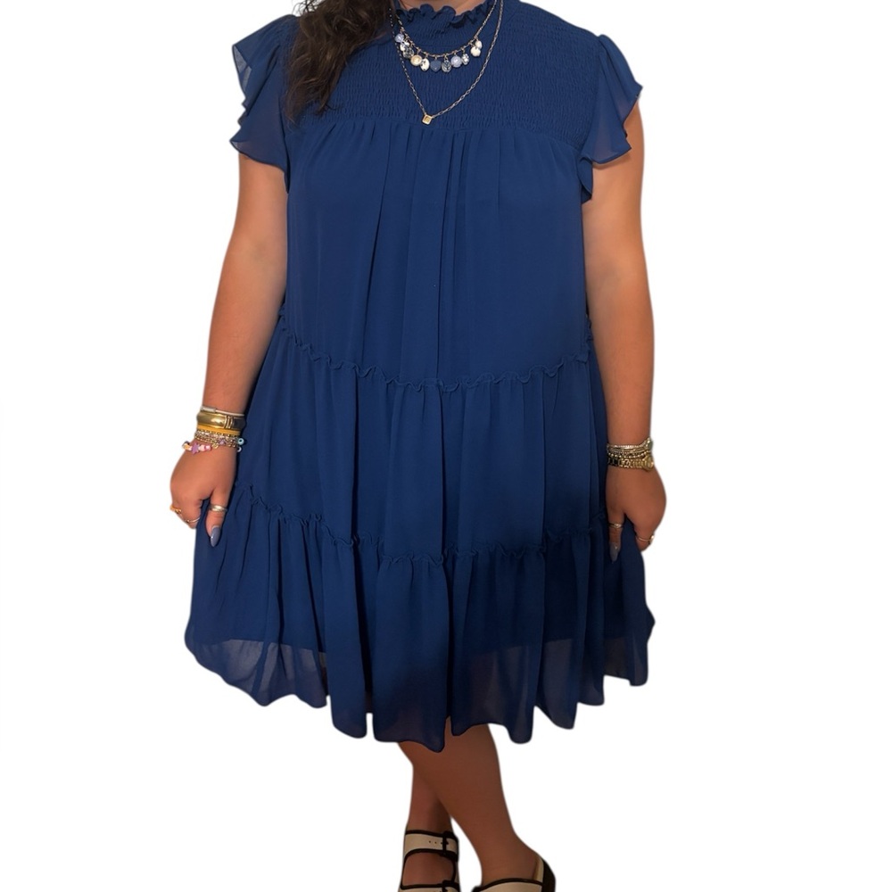 Maison Tara Blue Flutter Sleeve Midi Dress